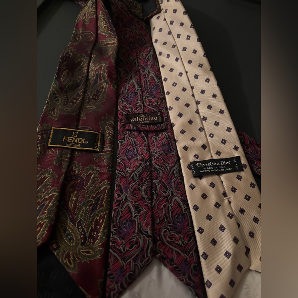 Lot of 3 Patterned Designer Ties: Fendi, Valentino, Christian Dior Luxury Preppy